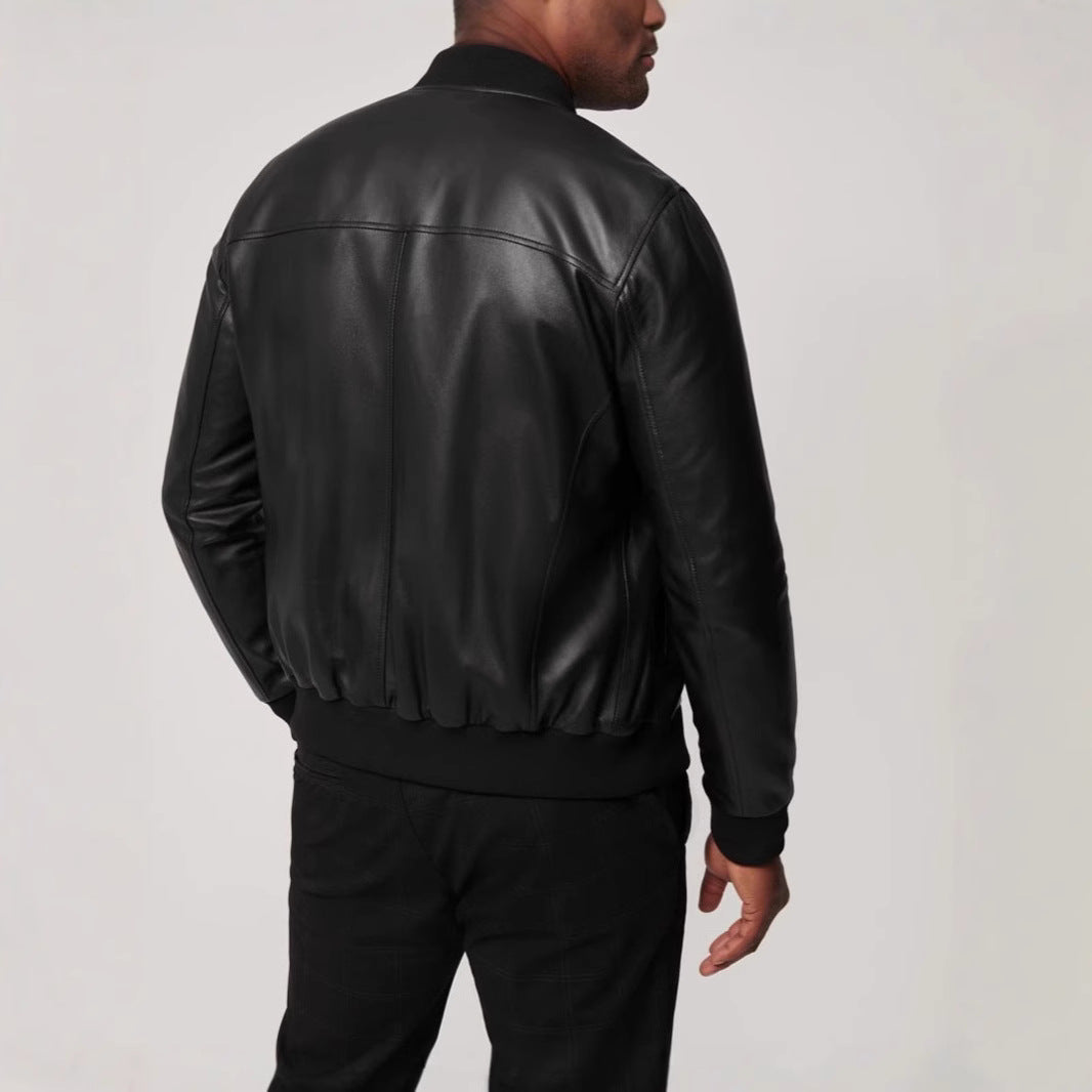 Herren klassische Lederjacke im Biker-Stil mit elastischem Bund Aliams