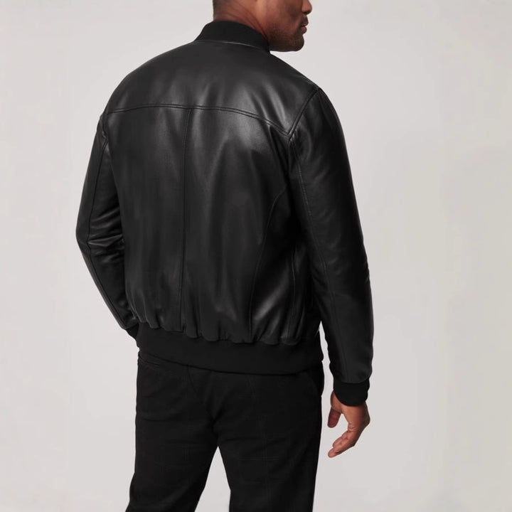 Herren klassische Lederjacke im Biker-Stil mit elastischem Bund Aliams