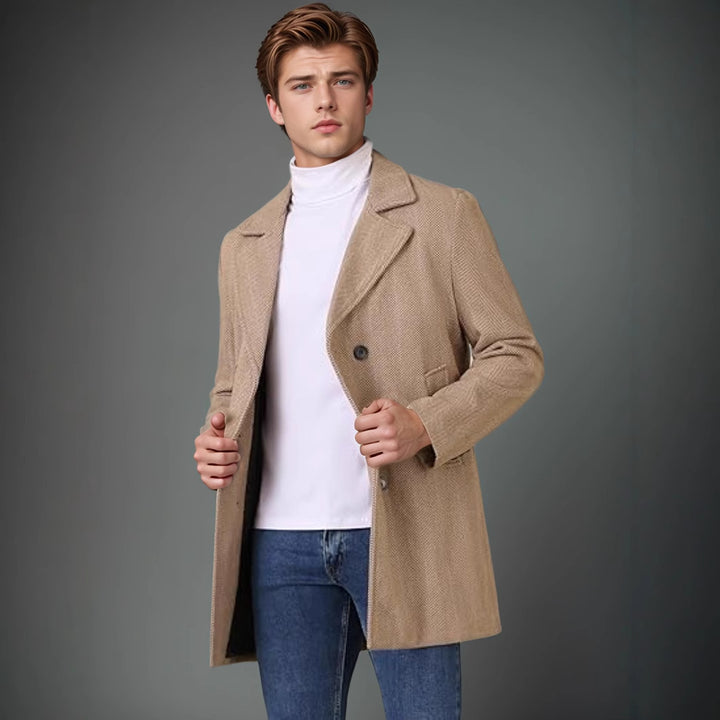 Herren eleganter Doppelreiher-Mantel mit strukturiertem Herringbone-Muster Aliams