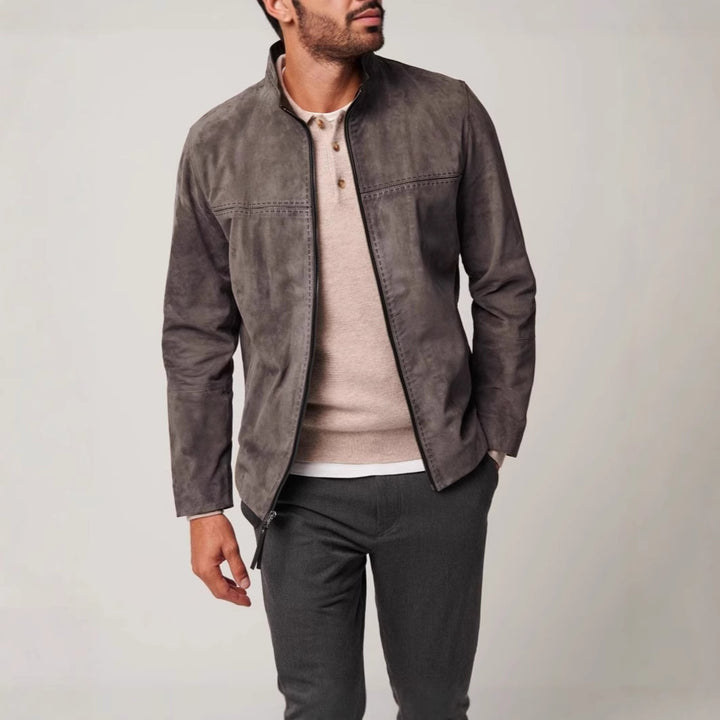 Herren elegante Lederjacke im minimalistischen Design mit hohem Kragen Aliams