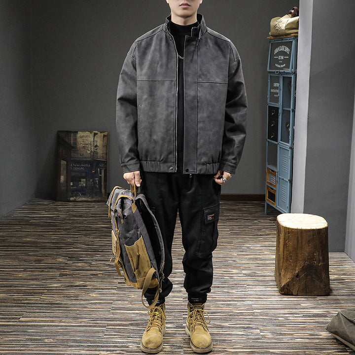 Herren stylische Kunstlederjacke mit hochgeschlossenem Kragen und praktischen Taschen Aliams