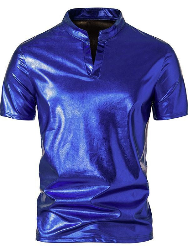 Herren glänzendes Kurzarmhemd im modernen Stehkragen-Design Aliams