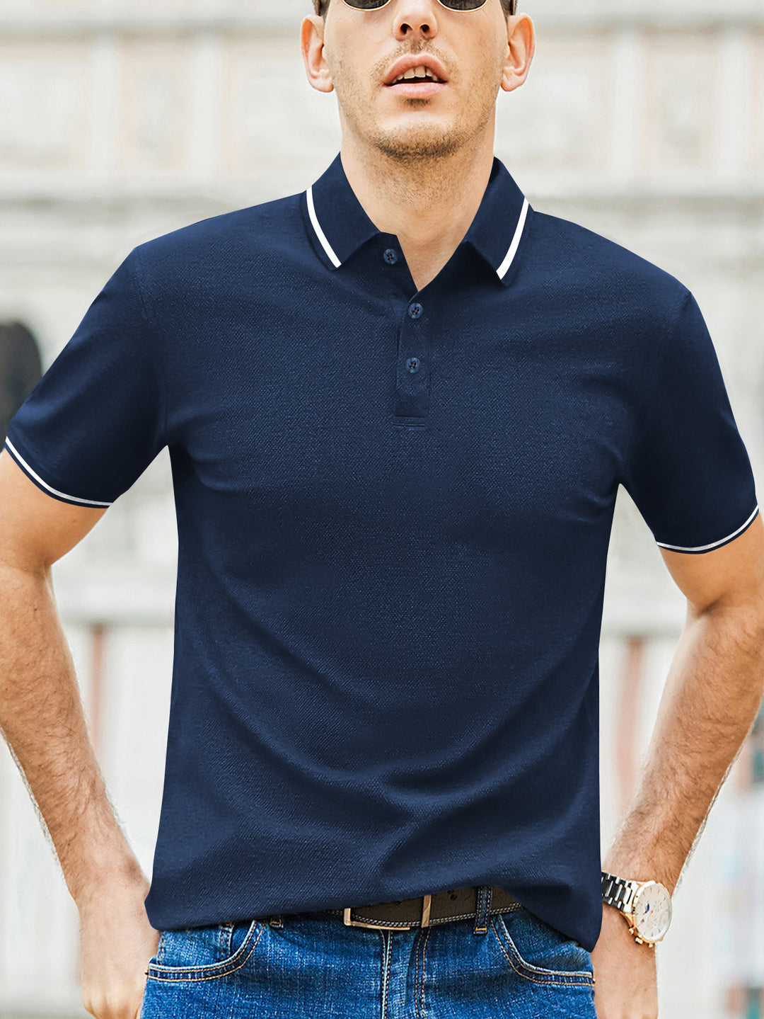 Herren Kurzarm-Polohemd mit modernem Bicolor-Kragen und atmungsaktiver Baumwollqualität Aliams