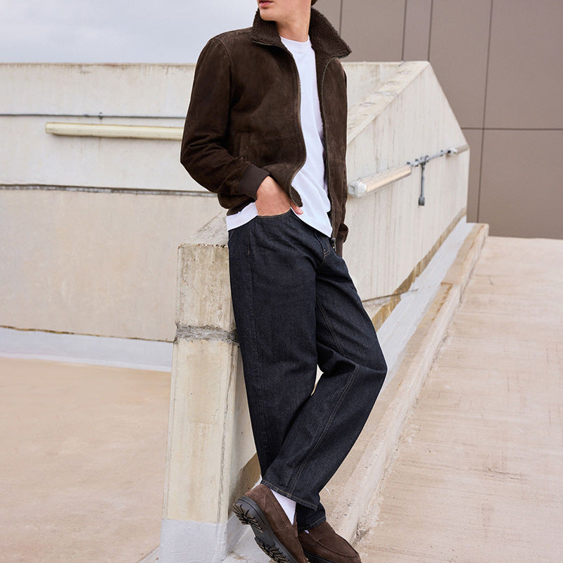 Herren stilvolle Wildlederjacke mit hohem Kragen und praktischen Taschen Aliams