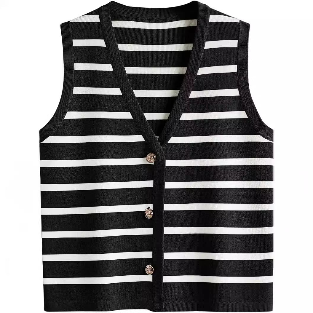 Damen ärmellose Strickweste mit V-Ausschnitt und dekorativen Knöpfen Aliams