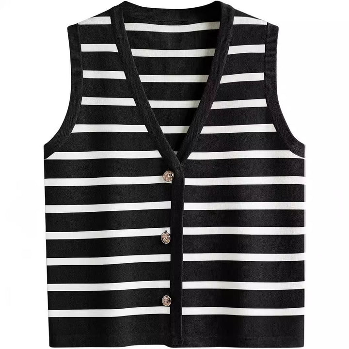 Damen ärmellose Strickweste mit V-Ausschnitt und dekorativen Knöpfen Aliams