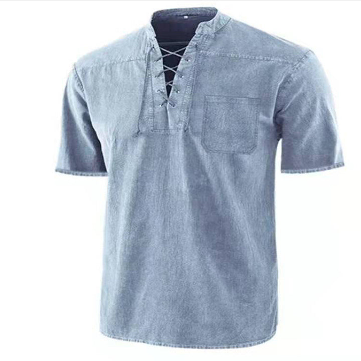Herren Kurzarm Hemd mit modernem Schnürdesign und Brusttasche Aliams