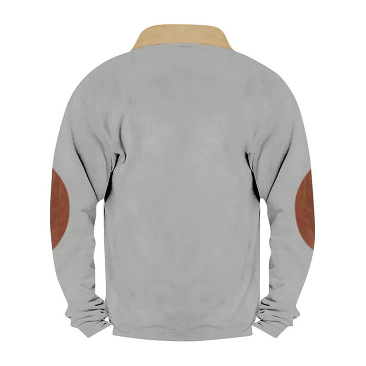 Herren Fleecepullover mit stylischem Lederkragen und Ellbogenpatches Aliams