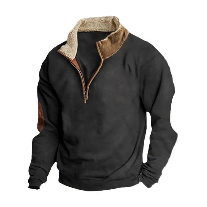 Herren sportlicher Fleece-Pullover mit zeitgemäßem Stehkragen und modischen Kunstlederapplikationen Aliams