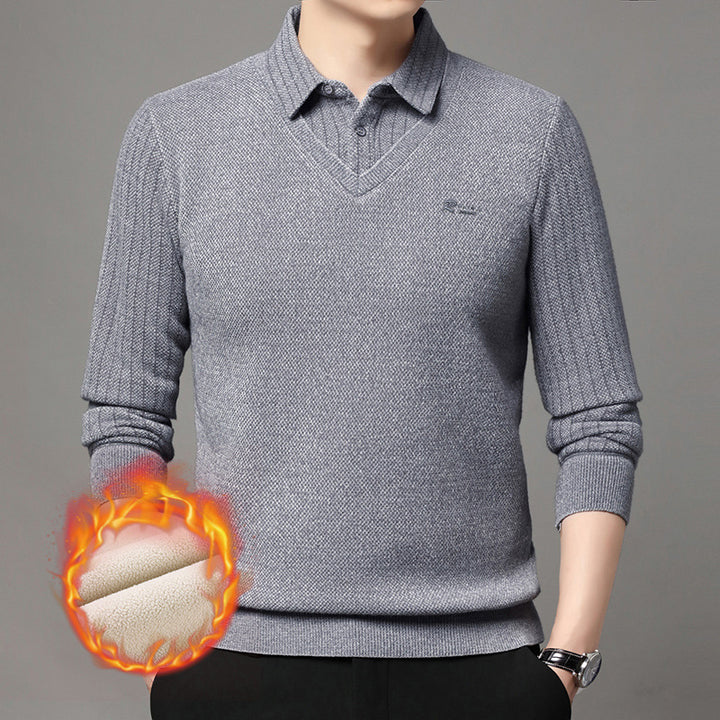 Herren eleganter V-Pullover mit strukturierten Ärmeln und klassischem Hemdkragen Aliams