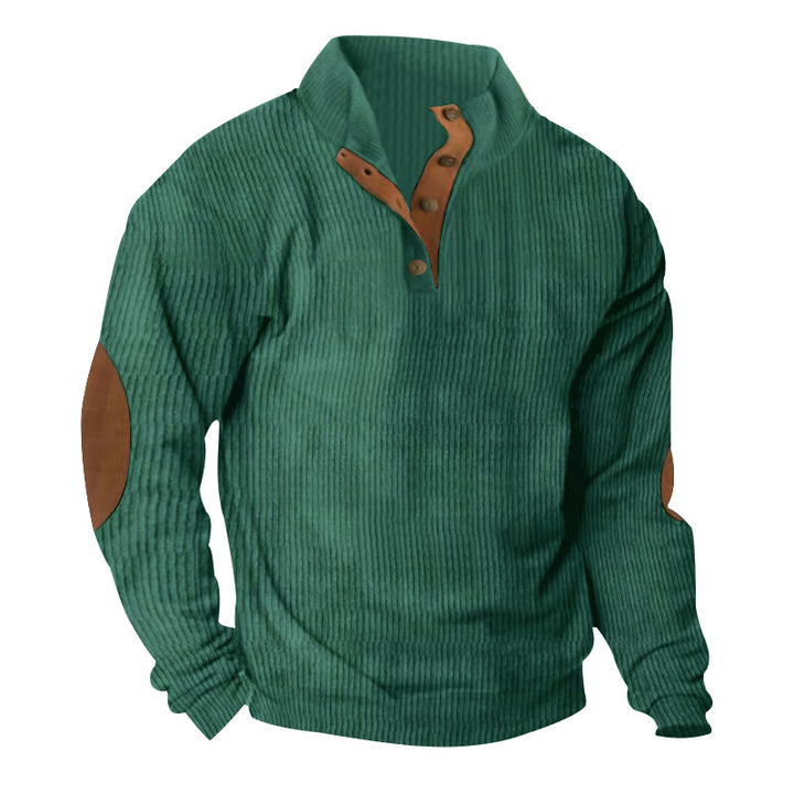 Herren hochwertiger Pullover mit Knopfleiste und modischen Lederapplikationen Aliams