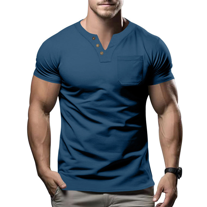 Herren Kurzarm-Henley-Shirt mit modischem Knopfdesign und praktischer Brusttasche Aliams