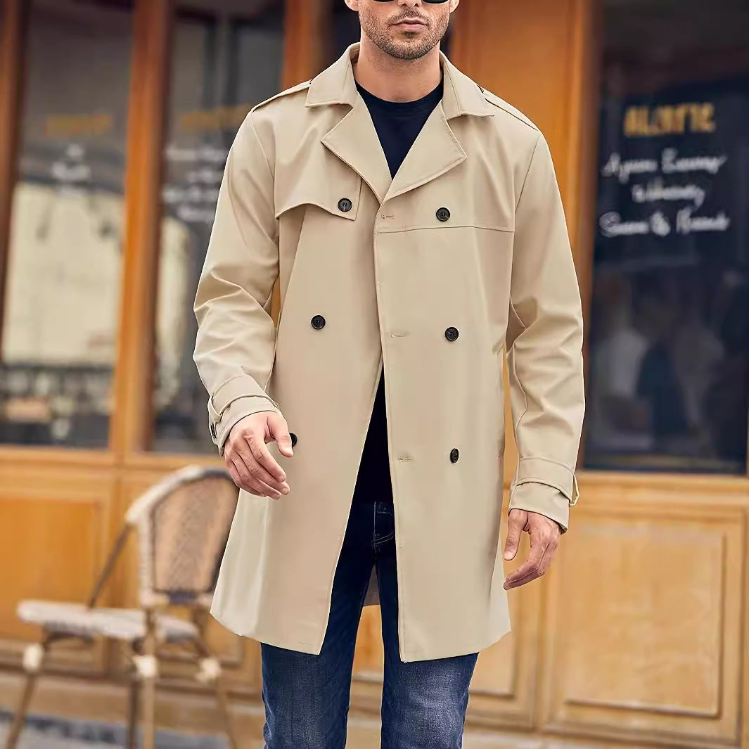 Herren klassischer Trenchcoat mit Doppelreißverschluss und großen Taschen Aliams