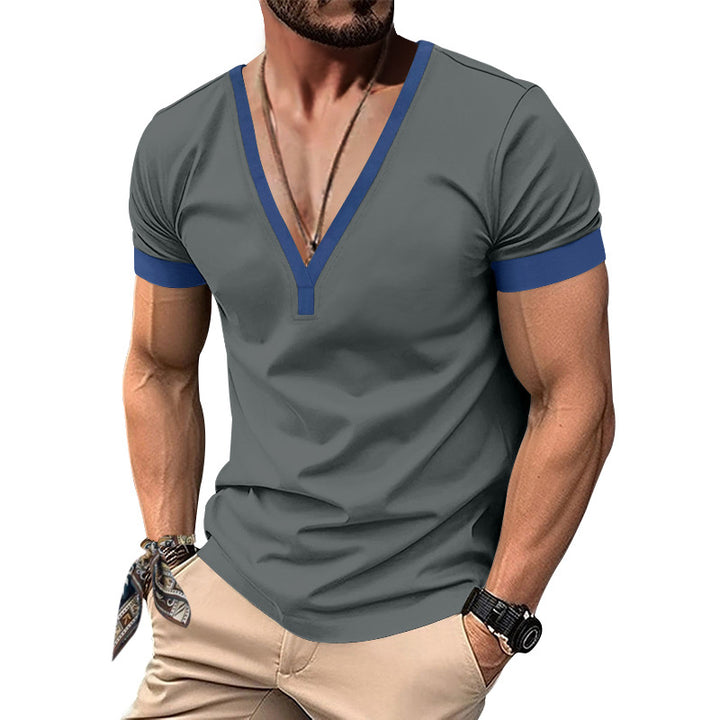 Herren V-Ausschnitt T-Shirt mit kontrastierenden Ärmeln und atmungsaktiver Baumwolle Aliams