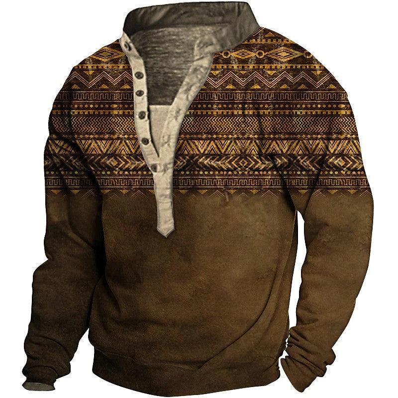 Herren Fleece-Pullover mit einzigartigem Ethno-Muster und praktischen Knopfdetails Aliams