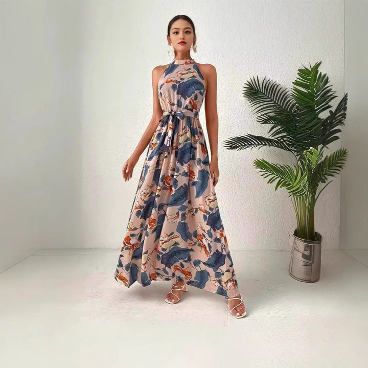 Damen Maxikleid Im Boho-Stil mit Elegantem Halterneck und Seitlichem Bindegürtel Aliams