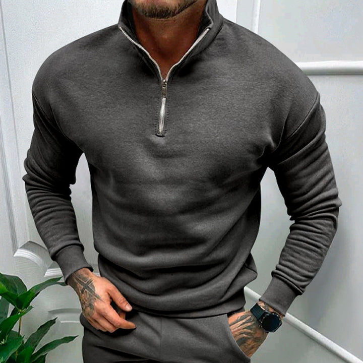 Herren sportlicher Fleece-Pullover mit halbem Reißverschluss und modischem Stehkragen Aliams