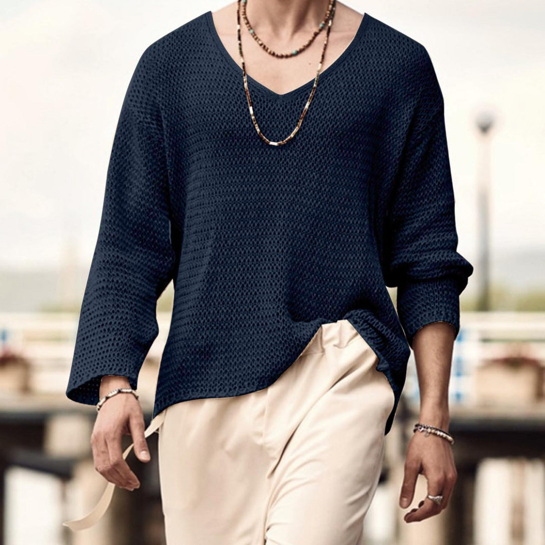 Herren V-Ausschnitt Waffelmuster Pullover mit 3/4-Ärmeln Aliams