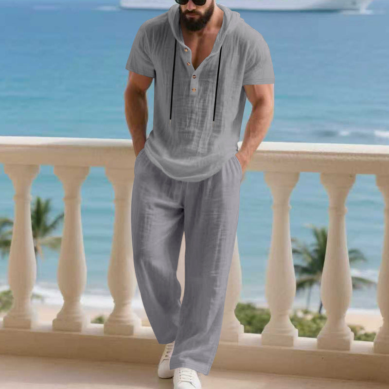 Herren komfortables Freizeit-Set mit modischem Henley-Oberteil und lockeren Hosen Aliams