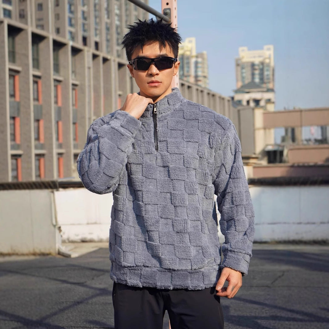 Herren Fleece-Pullover mit strukturierter Oberflächenstruktur und stehender Kragen Aliams