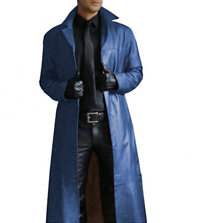 Herren eleganter Kunstledermantel mit doppeltem Knopfverschluss Aliams