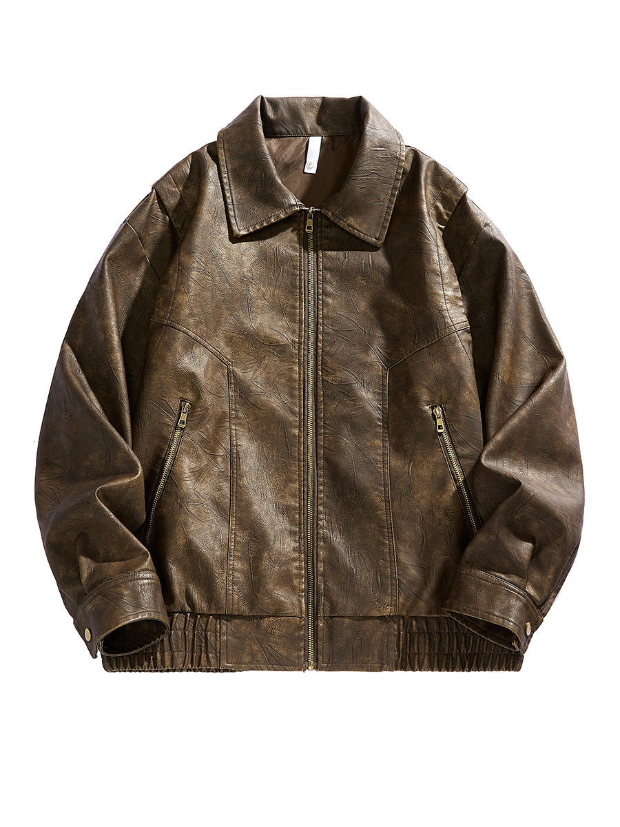 Herren kurz geschnittene Lederjacke mit elastischem Bund und Taschen Aliams