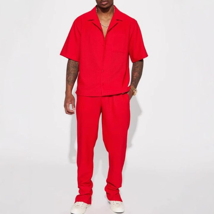 Herren gestreiftes Kurzarmhemd und gemütliche Chinohose Set Aliams