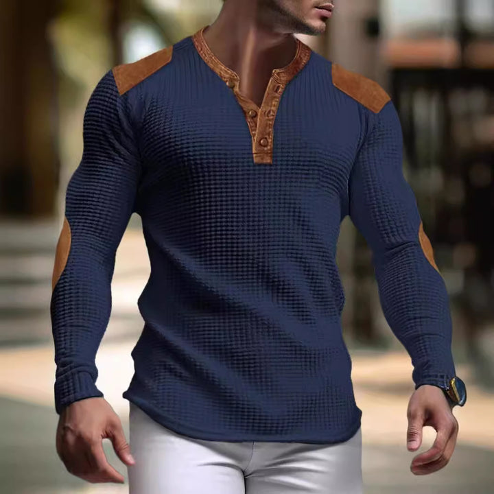 Herren strukturiertes Langarmshirt mit modischen Lederapplikationen Aliams