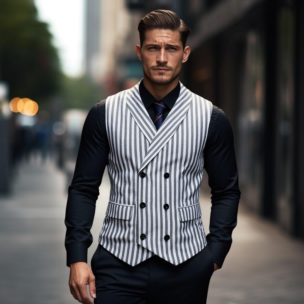 Herren elegante Weste mit doppelter Knopfleiste und klassischen Streifen Aliams