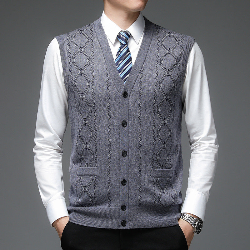 Herren elegante Strickweste mit Rautenmuster und Schalkragen Aliams