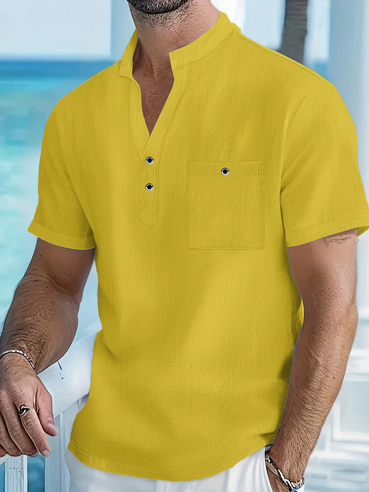 Herren Kurzarm-Hemd mit modischem Stehkragen und Knopfdetails Aliams
