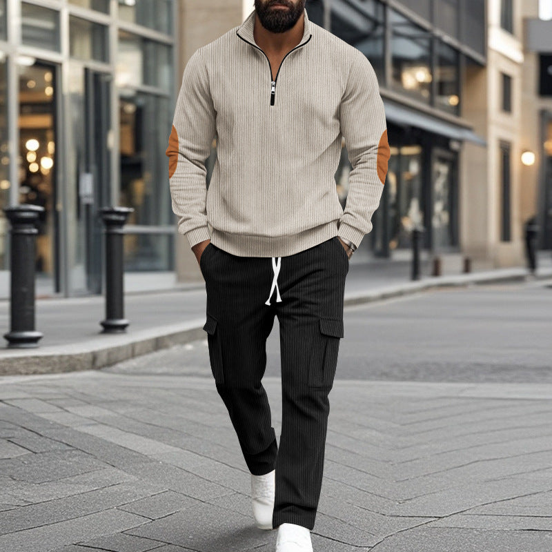 Herren sportlicher Fleece-Pullover mit Reißverschluss und Cargo-Hose Aliams