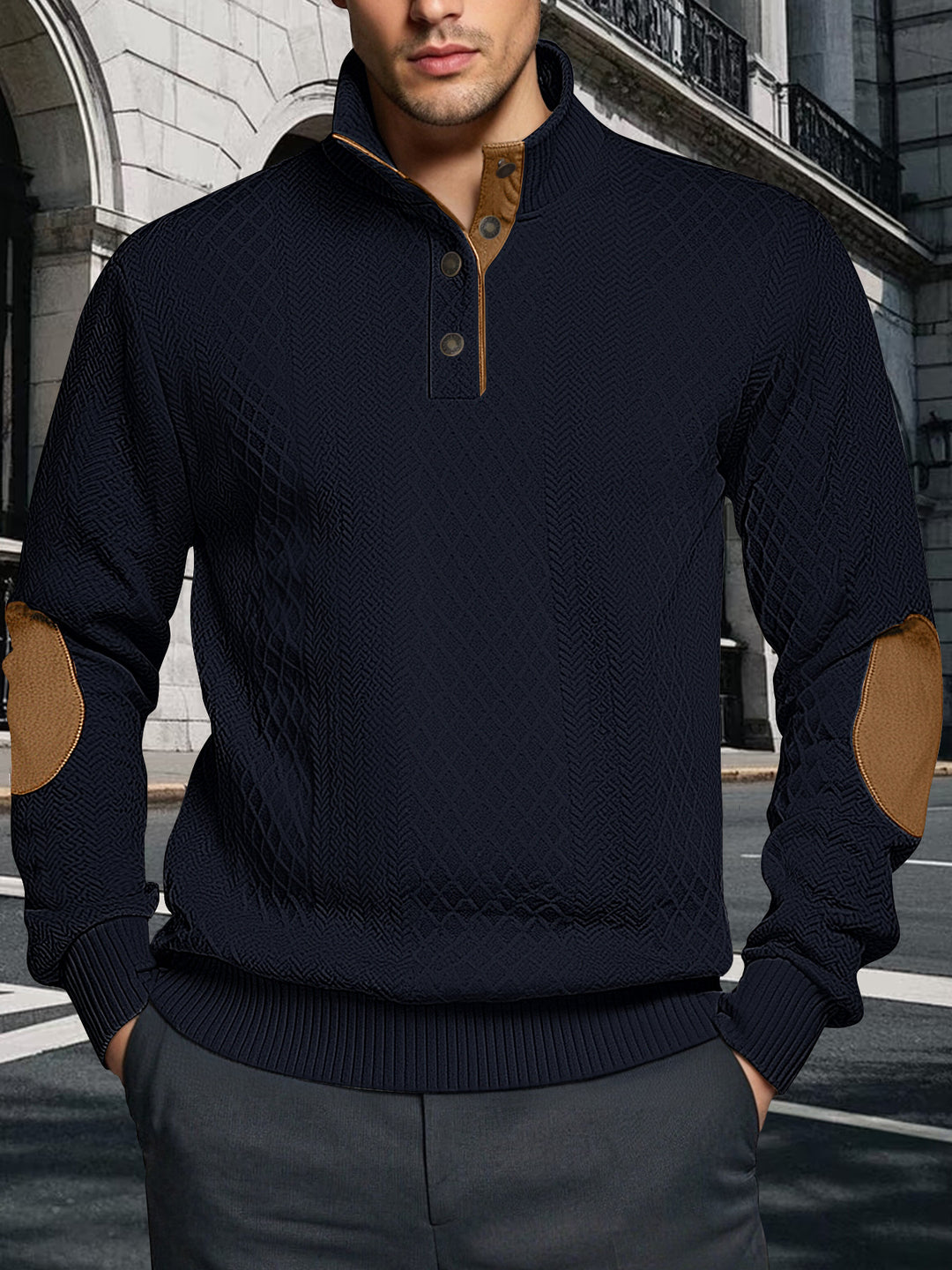 Herren Strickpullover mit strukturiertem Design und Lederpatches Aliams