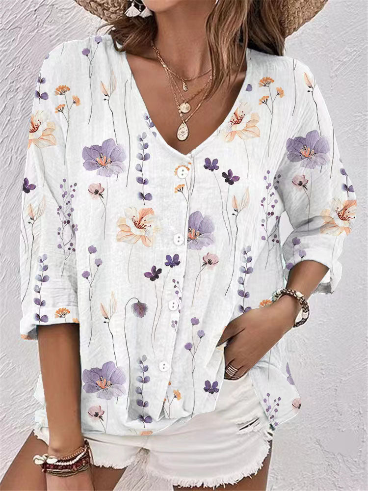 Damen Bluse mit Floralem Druck und Modernem Knopfdesign Aliams