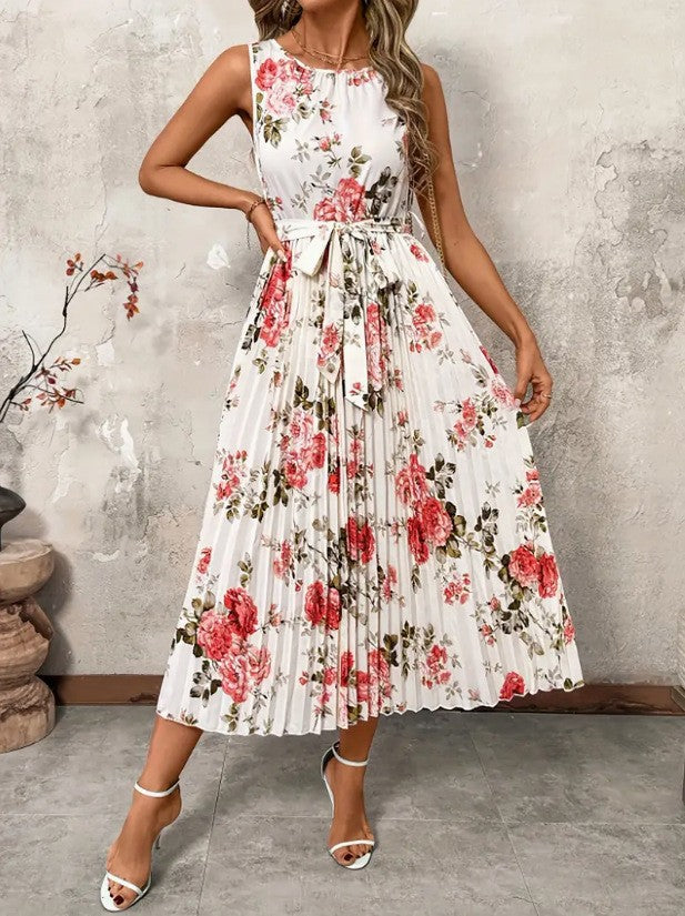 Damen Plisseekleid mit floralem Muster und Gürtel Aliams