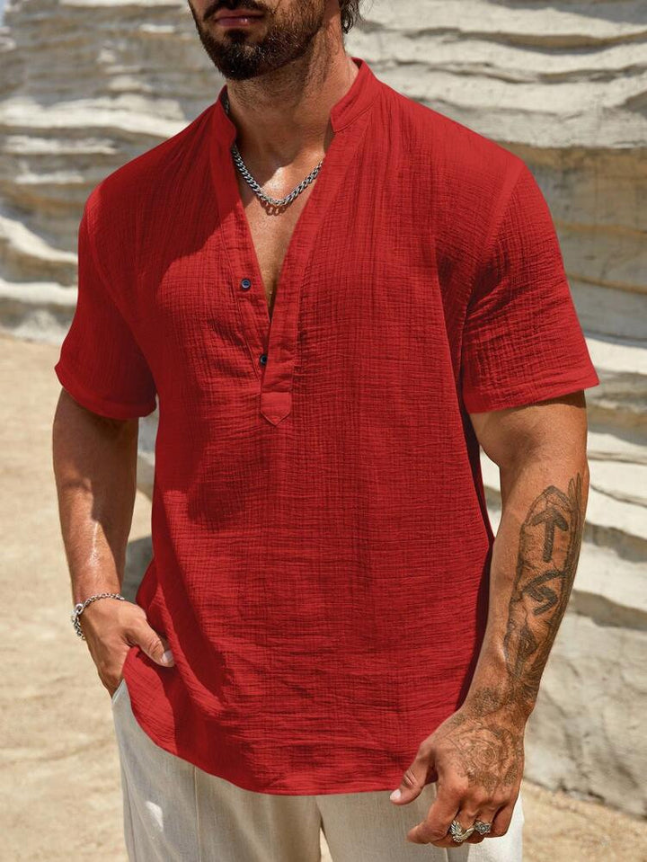 Herren Kurzarm Henley Hemd mit modernem Stehkragen aus leichtem Baumwollmaterial Aliams