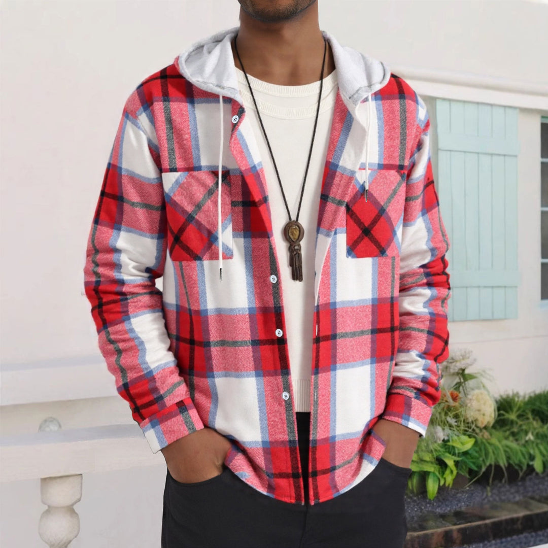 Herren Karierte Flanelljacke mit Hoodie und praktischen Taschen Aliams