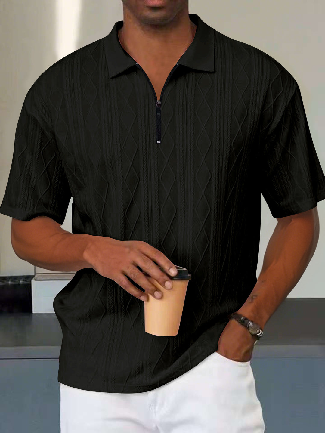 Herren Kurzarm-Polohemd mit modernem Strukturmuster und praktischen Reißverschluss Aliams