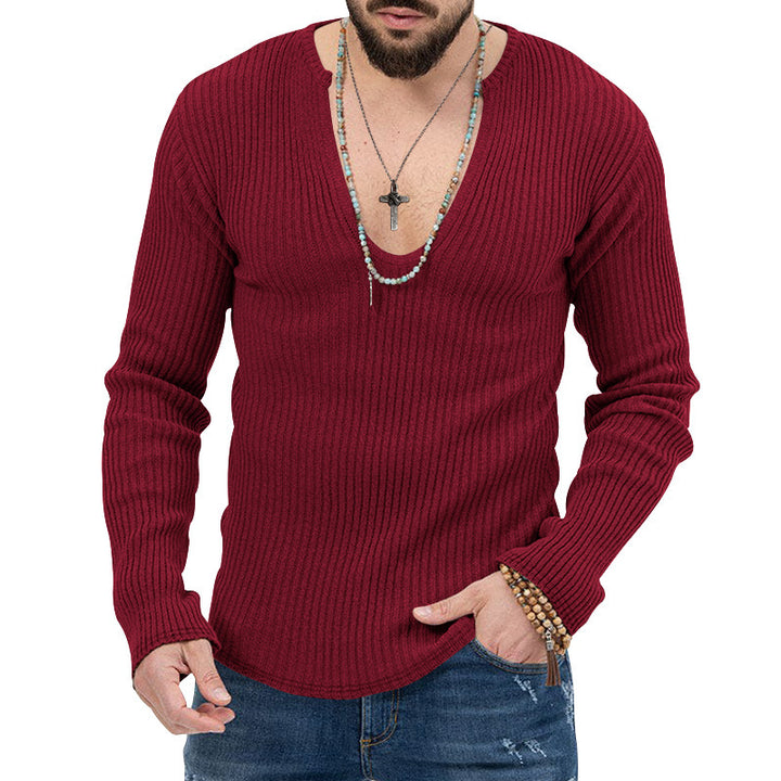 Herren elegantes Langarmshirt mit tiefem V-Ausschnitt und strukturiertem Gewebe Aliams