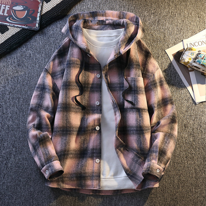 Herren Karierte Flanelljacke mit Kapuze und Knopfverschluss Aliams