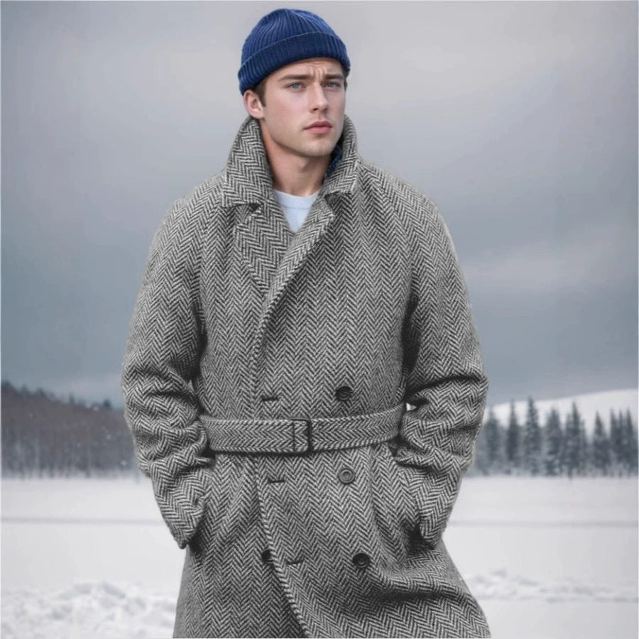 Herren eleganter Wollmantel mit doppeltem Revers und strukturiertem Herringbone-Muster Aliams