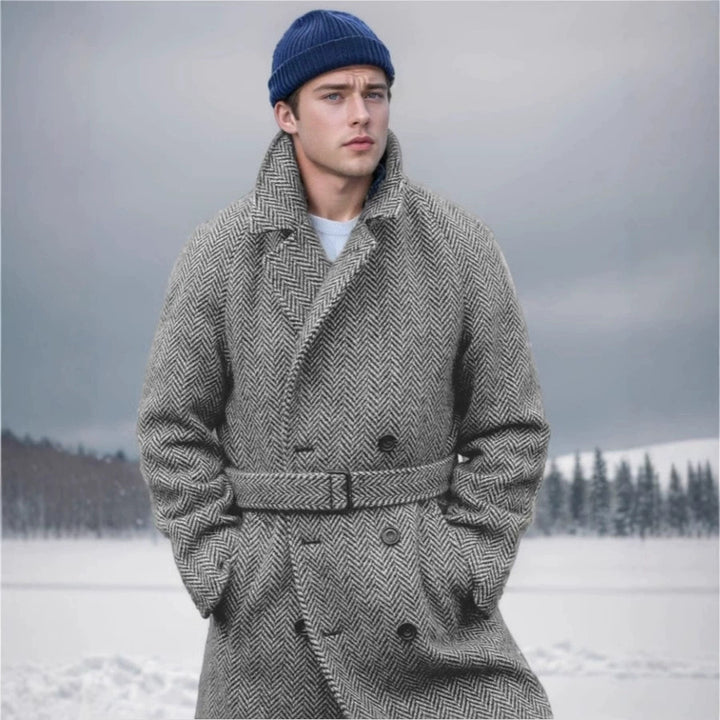 Herren eleganter Wollmantel mit doppeltem Revers und strukturiertem Herringbone-Muster Aliams