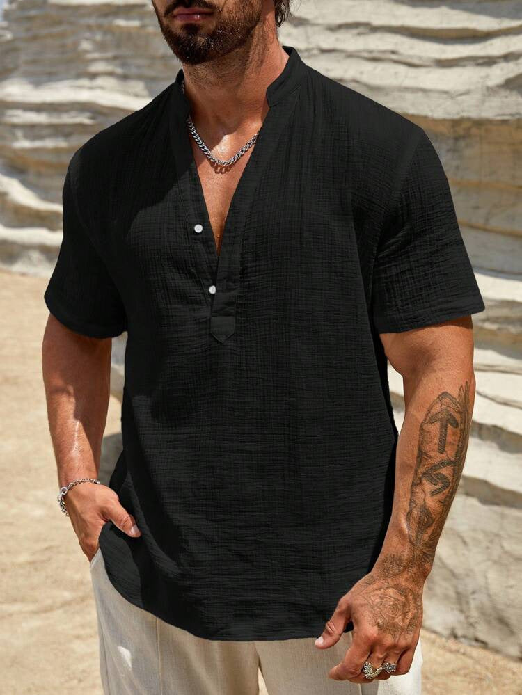 Herren Kurzarm Henley Hemd mit modernem Stehkragen aus leichtem Baumwollmaterial Aliams