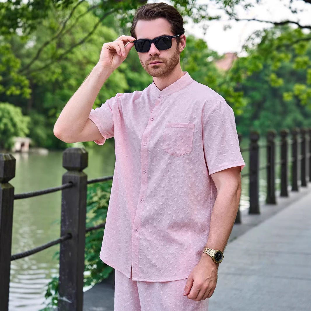 Herren Kurzarmhemd mit eleganten Strukturen und modernem Stehkragen Aliams