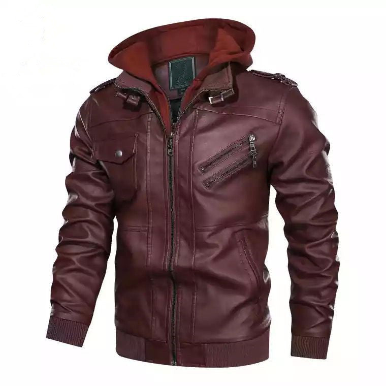 Herren Bikerjacke aus weichem Leder mit abnehmbarer Kapuze und praktischen Reißverschlusstaschen Aliams