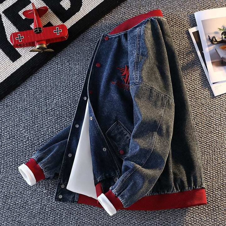 Herren sportliche Jeansjacke im College-Stil mit gesticktem Logo Aliams