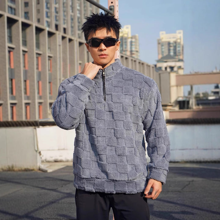 Herren Fleece-Pullover mit strukturierter Oberflächenstruktur und stehender Kragen Aliams