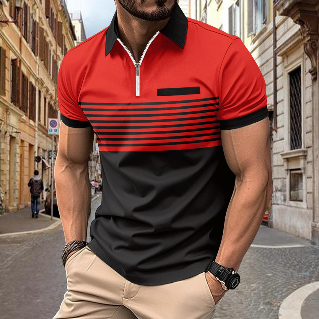 Herren Kurzarm Poloshirt mit elegantem Reißverschluss und modischem Streifenmuster Aliams