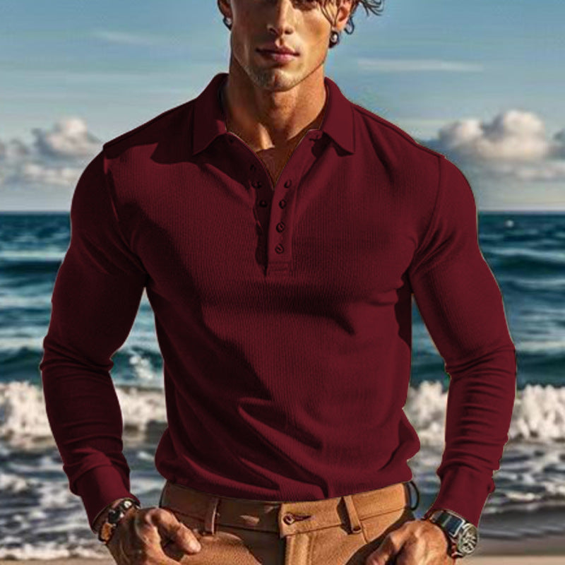 Herren elegantes Langarm-Polohemd mit Knopfleiste und strukturiertem Design Aliams