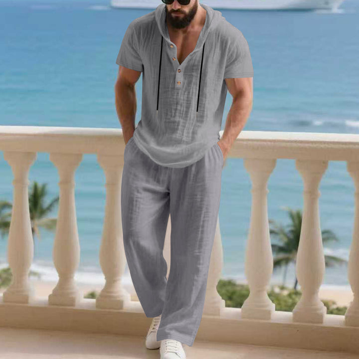 Herren entspanntes Kurzarm-Hosen-Set mit Kapuze und praktischen Knöpfen Aliams